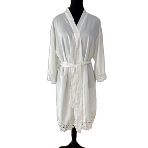 ROBE Flowy Short Length Tie Waist White Floral Lace Trim Sheer Loungewear